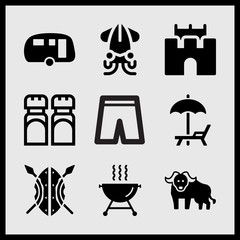 Simple 9 set of Summer related barbecue with smoke, short pants, squid and weapon vector icons