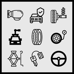 Simple 9 icon set of car related zeppelin, inflate wheel, wheel and car repair vector icons. Collection Illustration