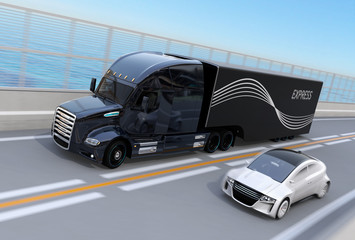 Wall Mural - Black Fuel Cell Powered American Truck passing a white sedan on highway. 3D rendering image.