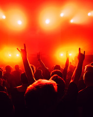 cheering crowd at rock concert in front of bright lights