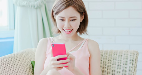 Poster - woman use phone happily