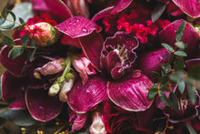 Wedding Flower Decorations With Pink And Red Orchids, Green Leaves, Bouquet Close-up