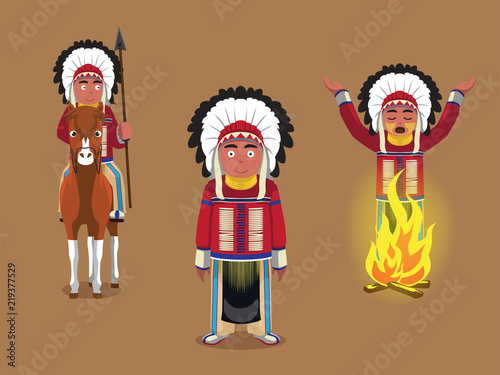 Native American Cheif Poses Cartoon Vector Illustration