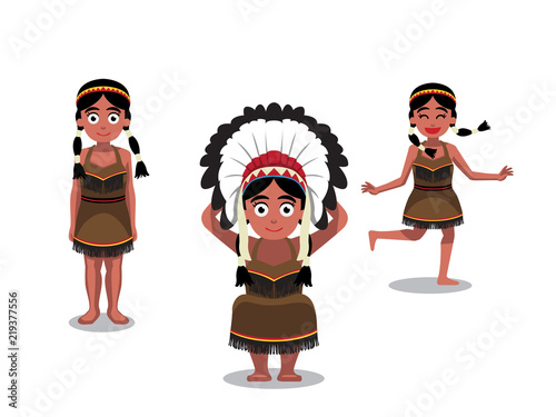Native American Girl Poses Cartoon Vector Illustration