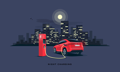 Wall Mural - Vector illustration of a red electric car suv charging at the charger station during night time low demand of electricity. Dark city building skyline in the background. Night off-peak car charging.