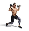 Sportive man workout with dumbbells doing lunges. Photo of young man with good physique isolated on white background. Strength and motivation.