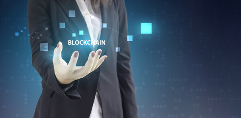 Poster - The abstract image of the business woman hold the blockchain hologram . the concept of cryptocurrency, blockchain, internet of things and future life