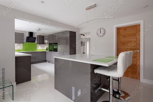 Contemporary Fitted Kitchen In Striking Lime Green Grey And White