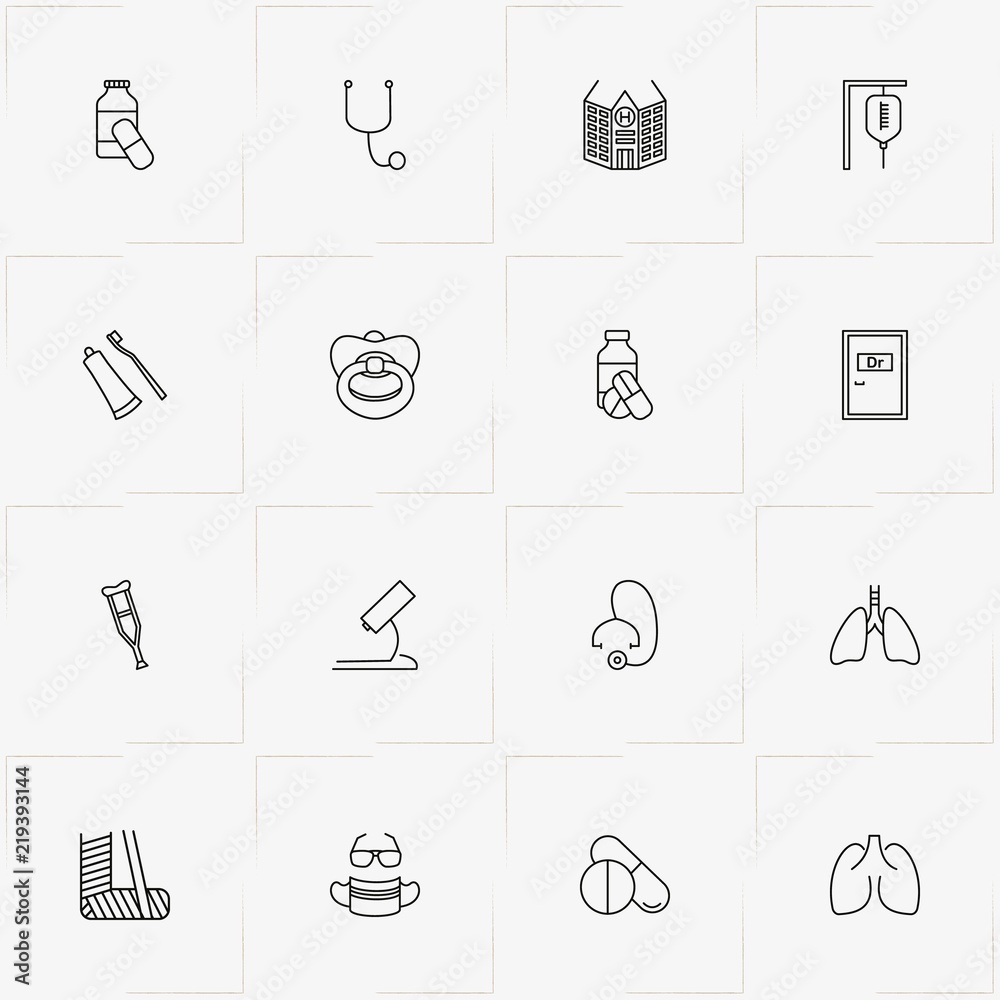 Hospital line icon set with drop counter, doctors door and microscope ...