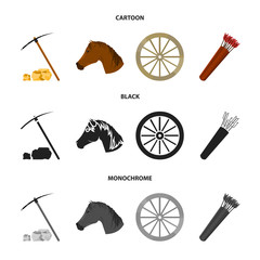 Wall Mural - Pickax hoe, horse head, wheel cart, quiver with arrows.Wild west set collection icons in cartoon,black,monochrome style vector symbol stock illustration web.