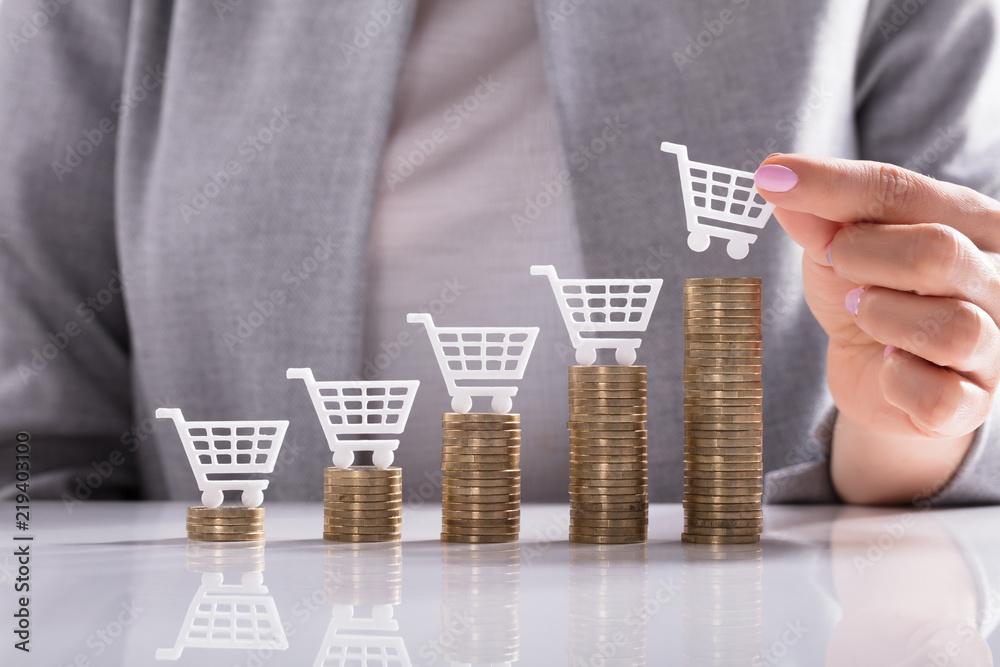 Businesswoman Placing Shopping Cart On Top Of Stacked Coins