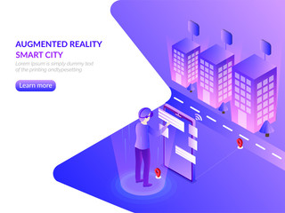 Canvas Print - man tracking location through smartphone, responsive landing page design for augmented reality smart
