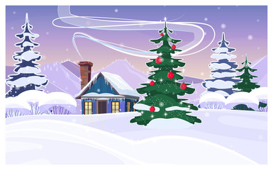 Wall Mural - Winter landscape with house and decorated fir-tree