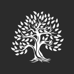 Canvas Print - Organic natural and healthy olive tree silhouette logo isolated on dark background.