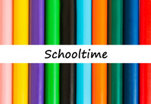 Color Pencils In Row. Color Background. Close Up.Text Schooltime