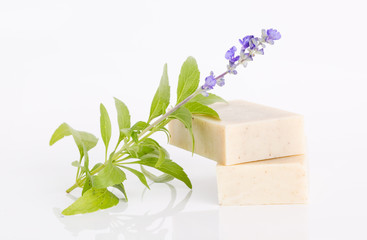 Poster - Handmade soap bars with lavender flowers on white background