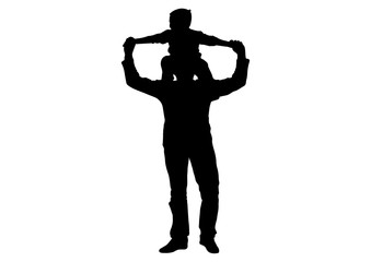 Child (son) sitting on shoulders of man (father) silhouette, vector