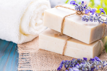 Poster - Handmade soap bars. Homemade Soap with Lavender Flowers