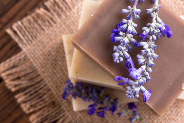Poster - Handmade soap bars with lavender flowers, Closeup