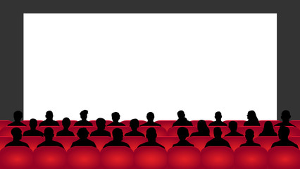 People sit cinema hall. Audience cinema, theater. Crowd of people in the auditorium, silhouette vector, spectators