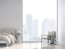 Minimal White Bedroom With City View 3d Render, Decorate With White Fabric Furniture ,The Room Has Large Windows,Sunlight Shines Into The Room.