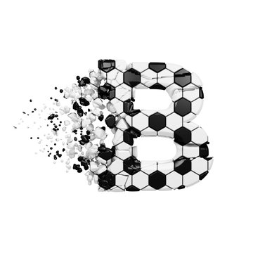 Broken shattered alphabet letter B. Crushed soccer font made of football texture. 3D render isolated on white background.