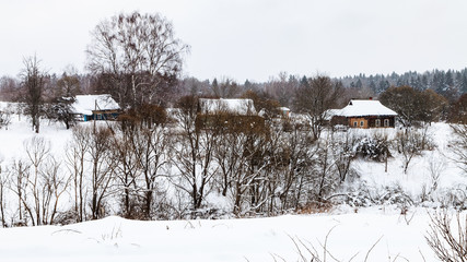 Sticker - view of old little russian village in winter day