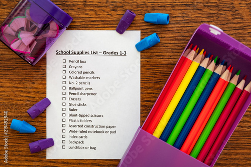 School Supplies List Colored Pencils In A Plastic Purple Pencil