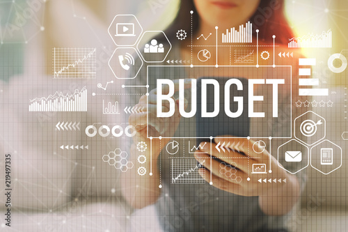 Fotografía Budget with woman using her smartphone on a couch