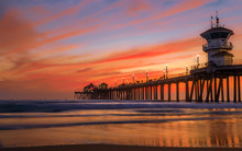 Sunset By The Huntington Beach Pier In California