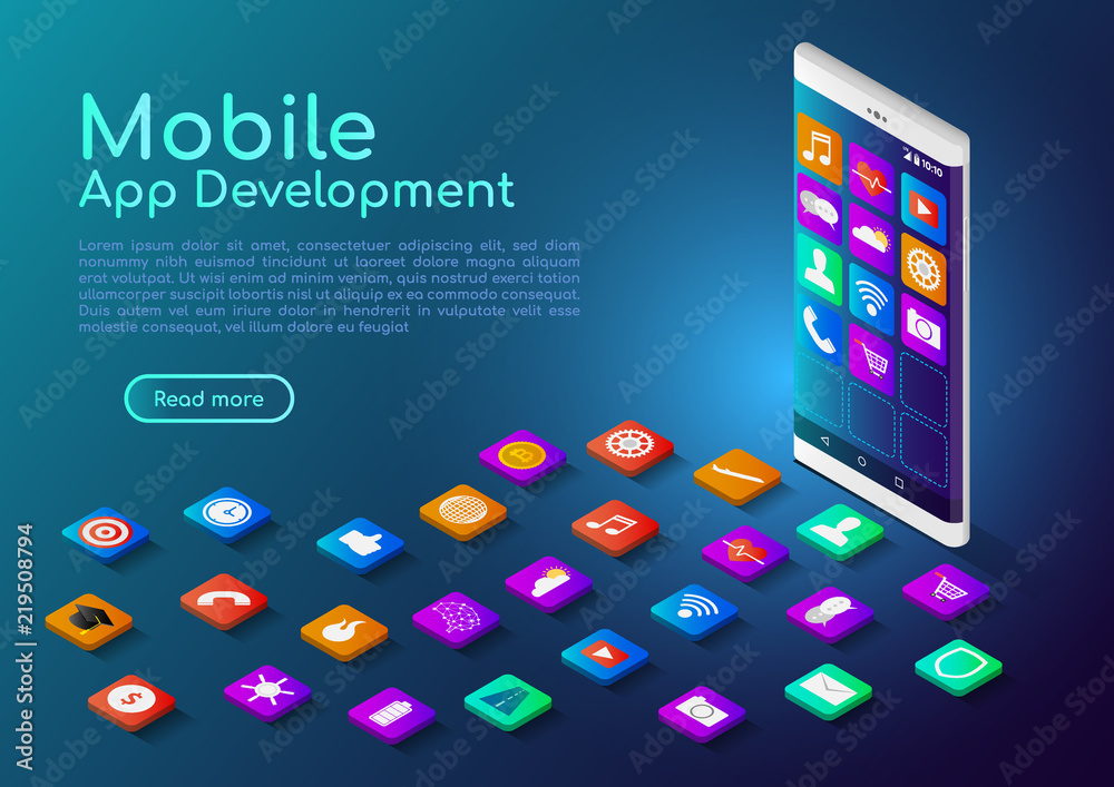 Isometric web banner smartphone with mobile app icon - obrazy, fototapety, plakaty 