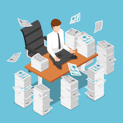 Poster - Isometric businessman doing meditation on desk with pile of paperwork