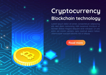 Poster - Isometric web banner bitcoin on circuit board