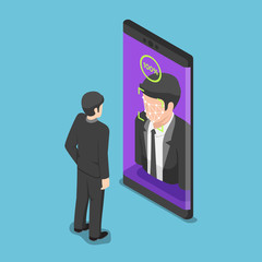 Aufkleber - Isometric businessman use face scaning to unlock smartphone