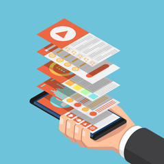 Aufkleber - Isometric businessman hand holding smartphone with mobile application interface layer