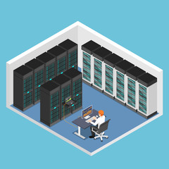Aufkleber - Isometric businessman doing diagnostic test in database center or server computer room