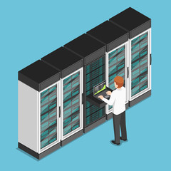 Aufkleber - Isometric businessman working on laptop in database center or server room
