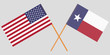Crossed flags of United States and Texas State. Official colors. Correct proportion. Vector