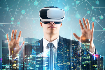 Poster - Businessman in VR glasses, night city network