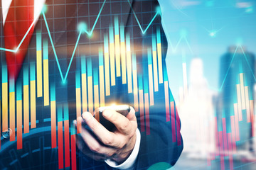 Poster - Man holding smartphone, graphs in city