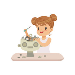 Poster - Lovely little gill creating smart robot, robotics and programming for kids, futuristic artificial intelligence vector Illustration on a white background