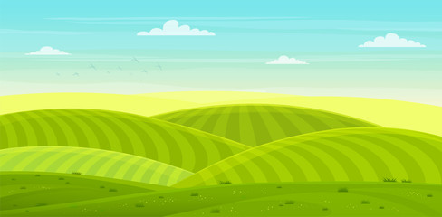 Wall Mural - Sunny rural landscape with hills and fields. Summer green hills, meadows and fields with a dawn, blue sky in the clouds.