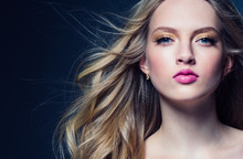 Beautiful Blonde Hair Woman With Beauty Makeup Pink Lipstick