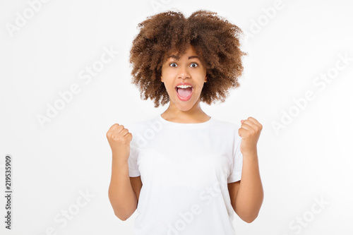 Happy Young Dark Skin Woman Isolated On White Background In Tshirt