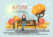 Autumn is coming. Young woman reading books outdoor on the bench in the city park. Vector illustration.