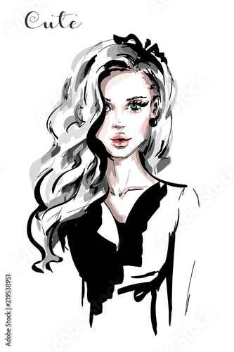 Hand Drawn Beautiful Young Woman With Long Blonde Hair Stylish