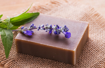 Poster - Closeup of handmade lavender soap on table