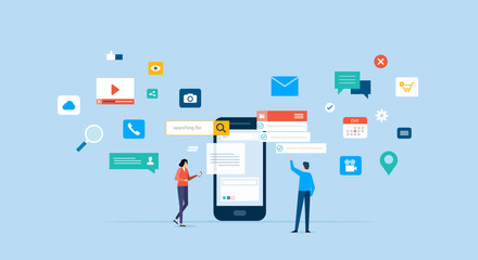 Poster - business team working  for mobile application development and design process concept 