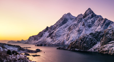 Wall Mural - mountain peak and sea bay during sunrise on the lofoten islands. natural landscape in the norway at 