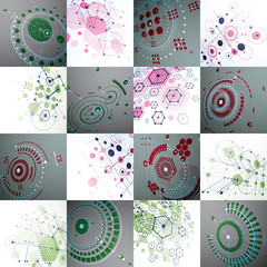 Fototapete - Set of 3d vector abstract backgrounds created in Bauhaus retro style. Geometric composition can be used as templates and layouts. Engineering technology wallpapers made with circles and honeycombs.